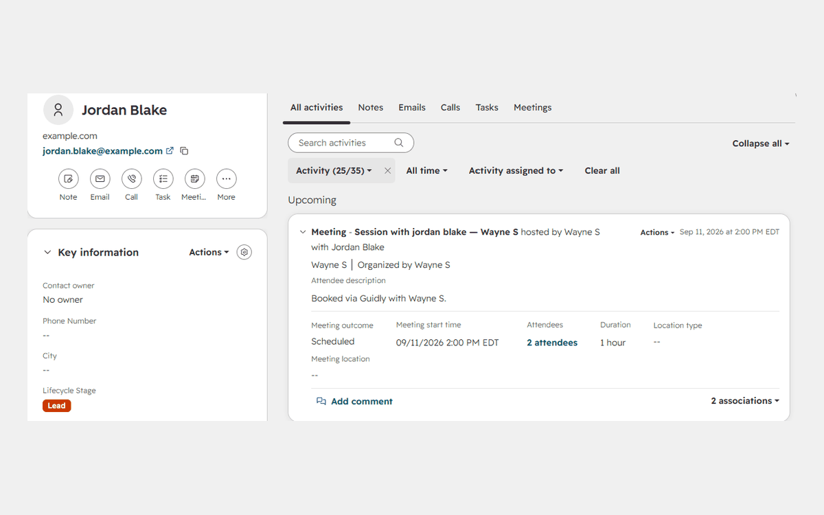 The same session logged as a meeting on the client's HubSpot contact timeline, assigned to the provider who ran it
